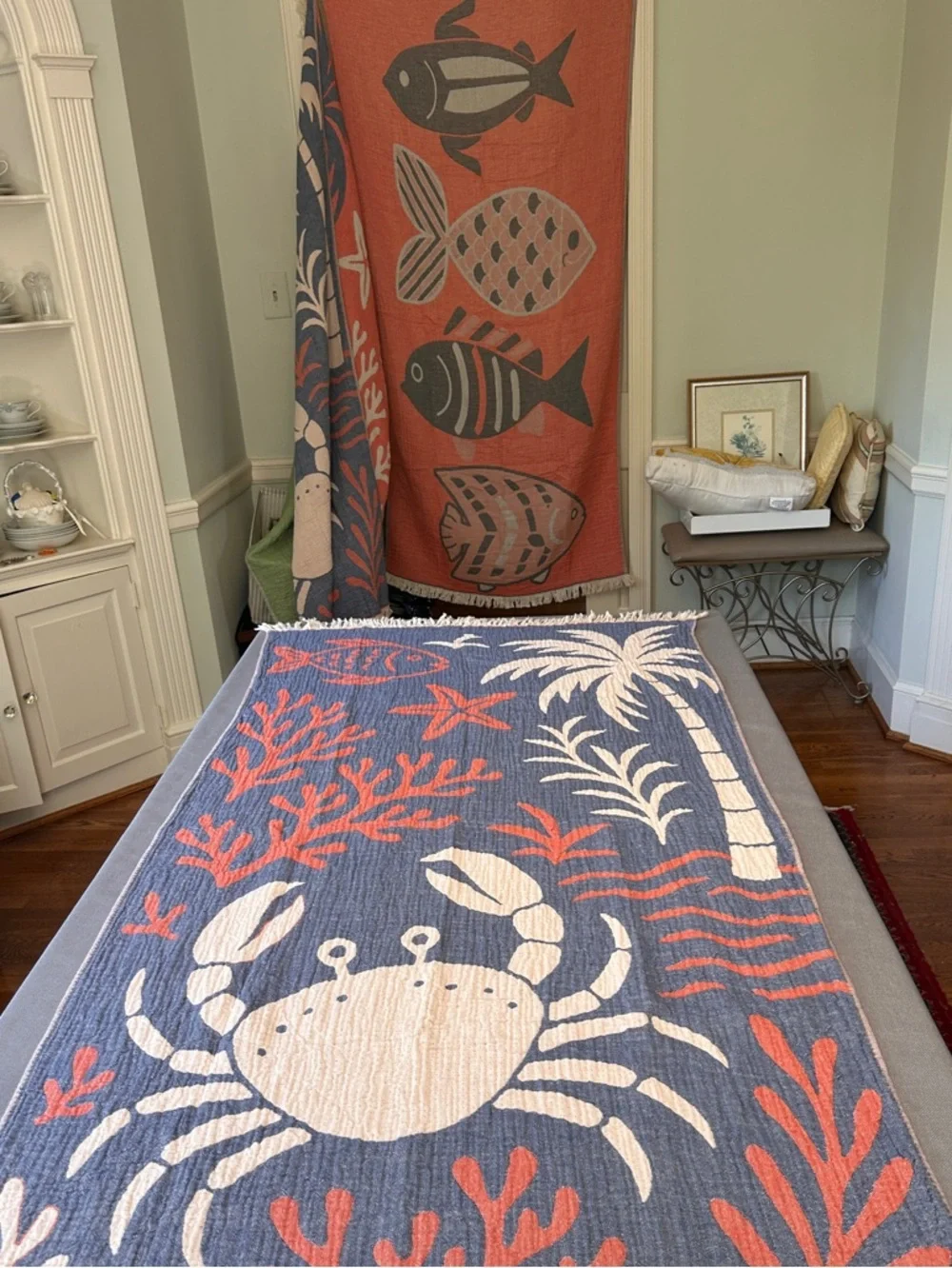 Modern Coastal Fish Woven Throw Towel Reversible Teal Coral FLiPSiDE NWT